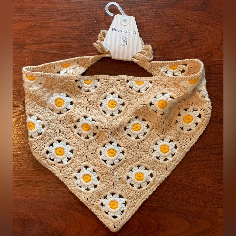 Pink Linen Crochet Daisy Flower Bandana New